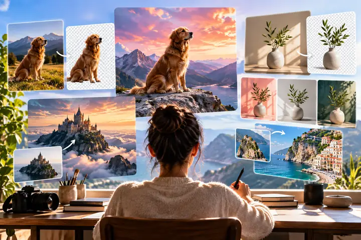Bright product collage showing image creation, background removal, and creative editing interfaces