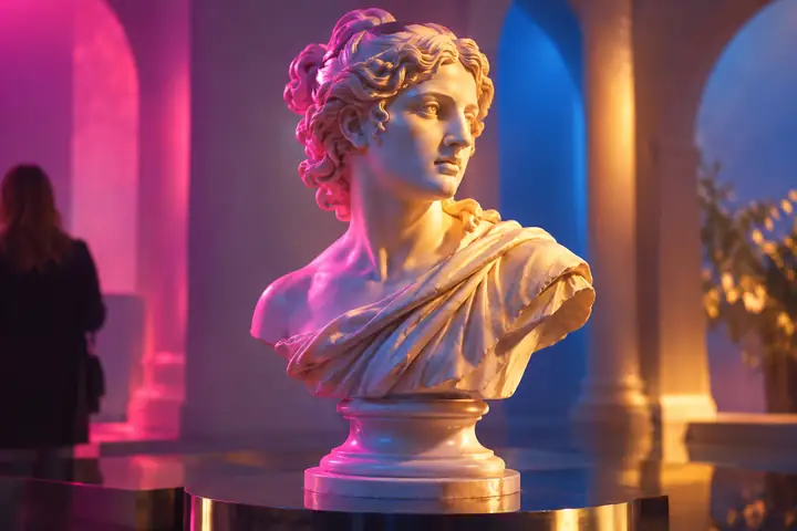 A softly lit classical marble bust surrounded by vivid pink, blue, and golden studio light