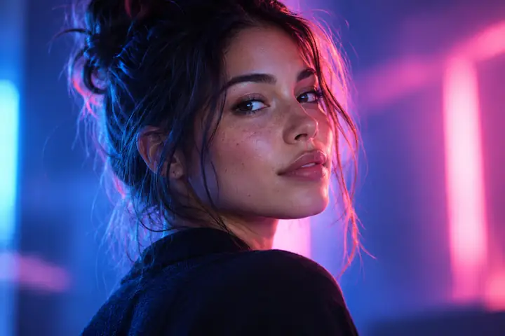 Close portrait illuminated by a blend of cool blue and warm pink studio lights
