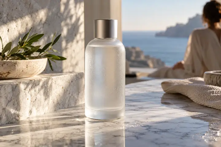 Bottle product photographed against a clean marble scene with soft daylight