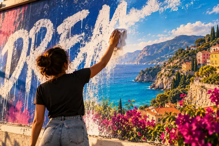 Bright typographic poster with unwanted lettering being cleared from the image