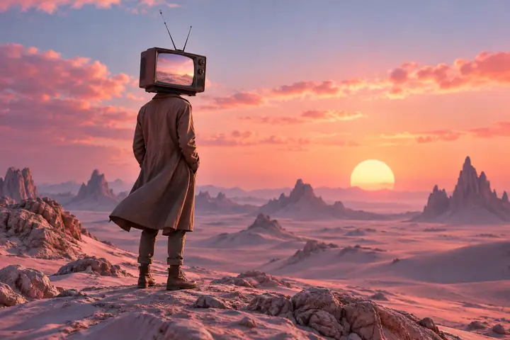 Surreal character with a vintage television for a head in a pastel desert
